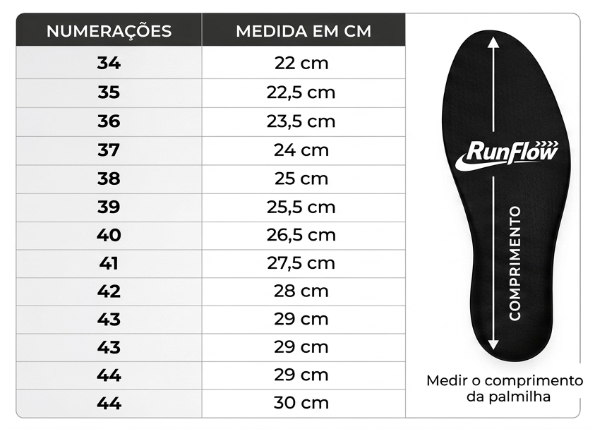 Tabela de tamanhos do tênis